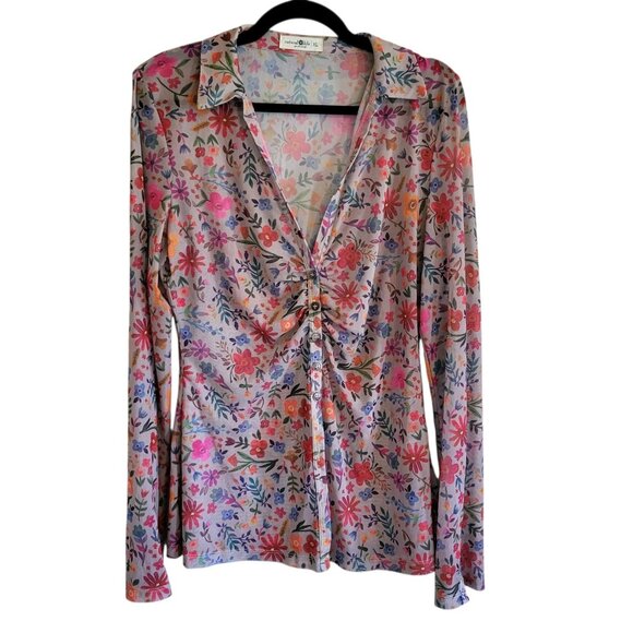 Natural Life Top Women's XL Multicolor Floral Sheer Rusched Front Carina Boho - Picture 1 of 9